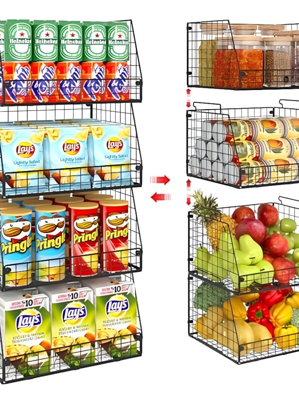 4 Pack XXL Stackable Wire Storage Basket, Extra Large Capacity Pantry Organizer